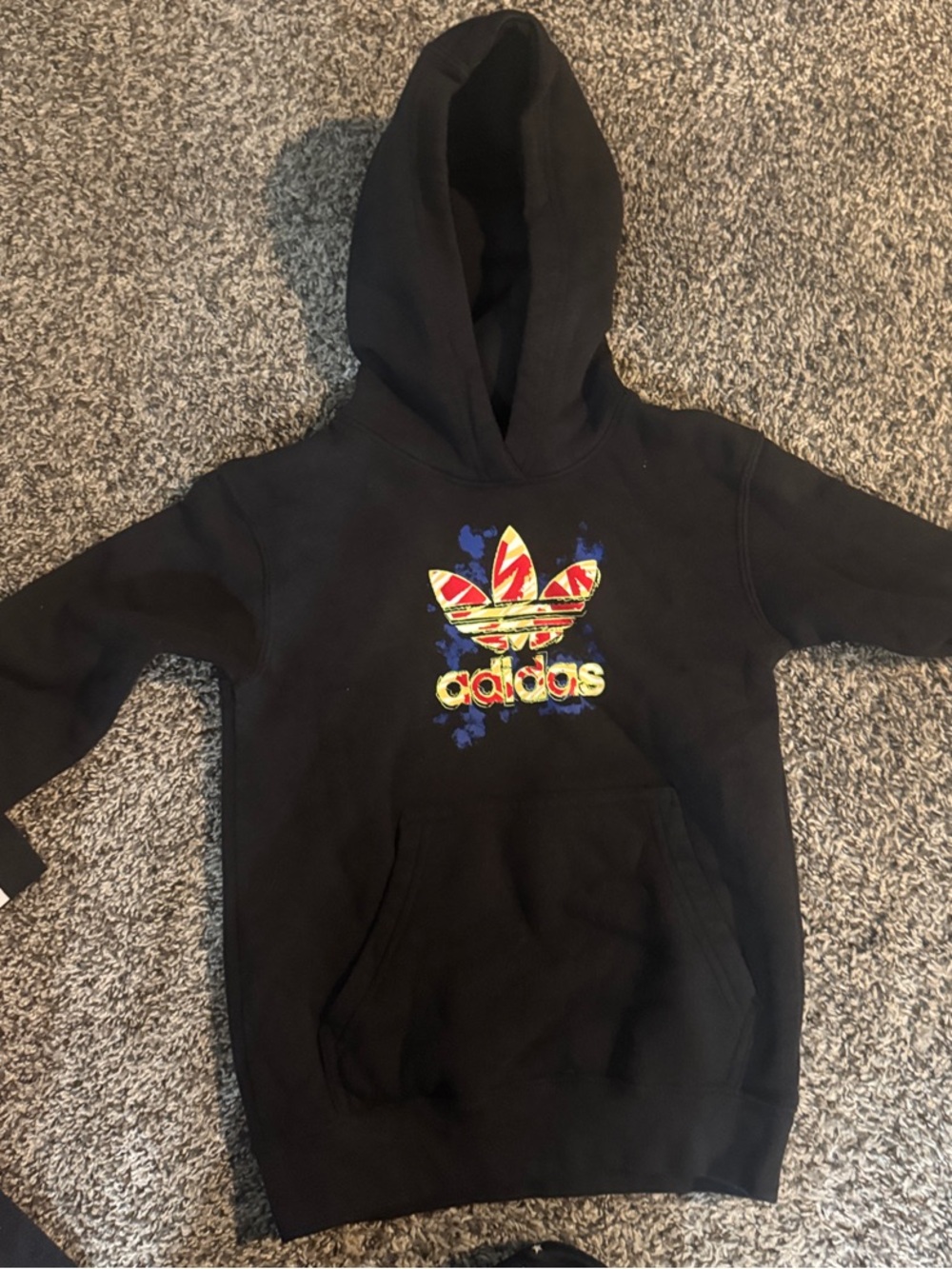 Adidas Black Hoodie with Multicolor Trefoil Graphic